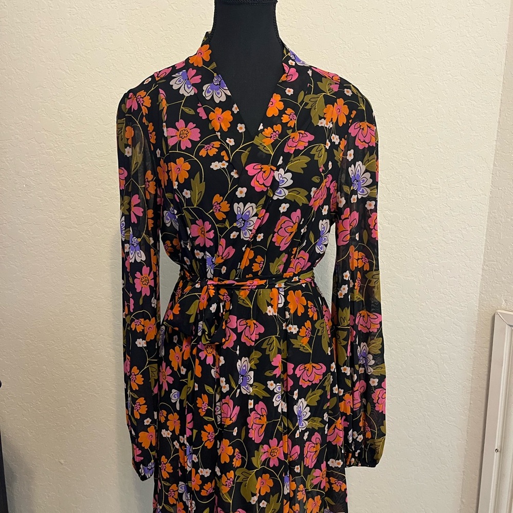 CAbi Pink and Purple Kimono-like Tie Front A-Line Top or Dress w/ Bishop Sleeves